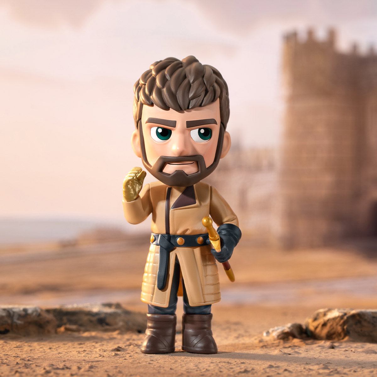 Alt text: Game of Thrones Blind Box Series toy figure in front of a castle.