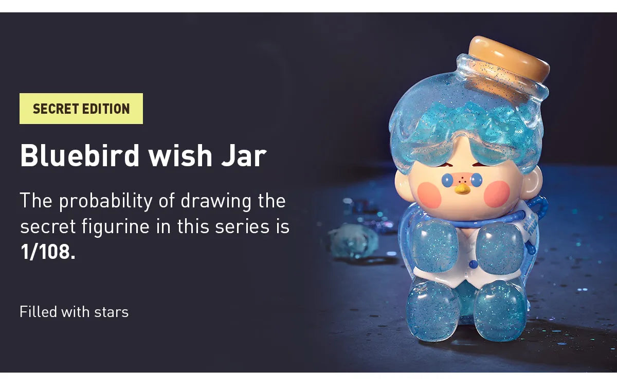 PINO JELLY In Your Life Blind Box Series preorder toy with blue hair and glitter, featuring 9 designs and 1 secret, shipping late July 2024.