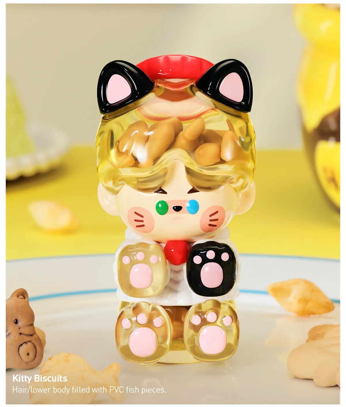 Alt text: Toy cat figurine from PINO JELLY In Your Life Blind Box Series, featuring a hidden snack element.