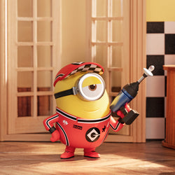 Yellow toy character holding a drill from Universal Despicable Me 4 Blind Box Series, available for preorder. Ships late July 2024.