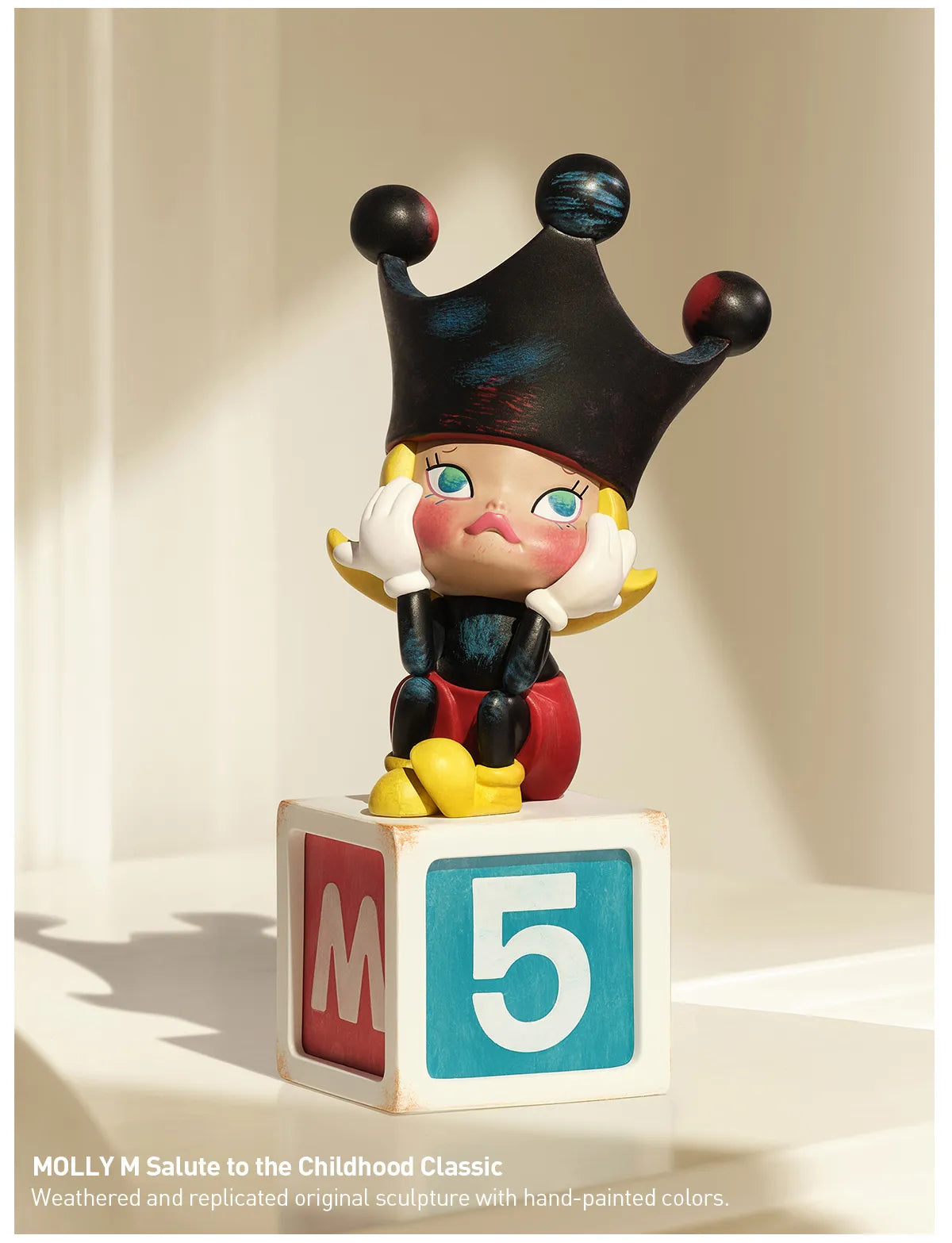 Toy figurine of a girl with black hat and white gloves on a block from MOLLY Anniversary Statues Classical Retro 2 Blind Box Series.