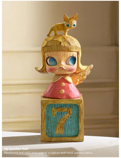 Wooden figurine of a girl with a cat on her head from the MOLLY Anniversary Statues Classical Retro 2 Blind Box Series.