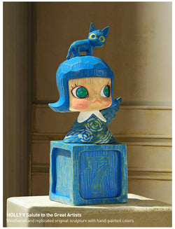 MOLLY Anniversary Statues Classical Retro 2 Blind Box Series featuring a girl statue with a cat on a blue block.