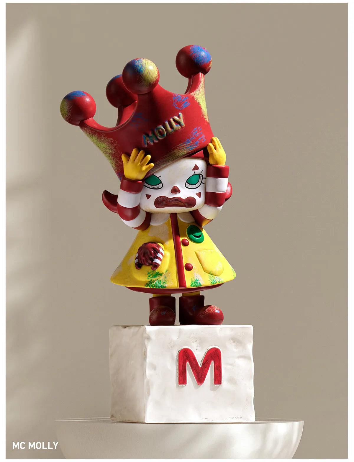 MOLLY Anniversary Statues Classical Retro 2 Blind Box Series featuring a toy clown with a hat on a white block.