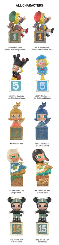 MOLLY Anniversary Statues Classical Retro 2 Blind Box Series showcasing wooden and cartoon character figurines, including a girl with a bird and characters holding pets.