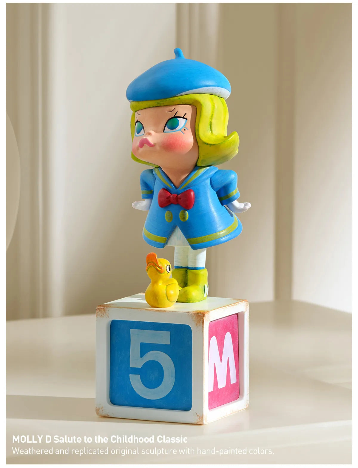 MOLLY Anniversary Statues Classical Retro 2 Blind Box Series featuring a toy figurine of a cartoon girl on a block with numbers.