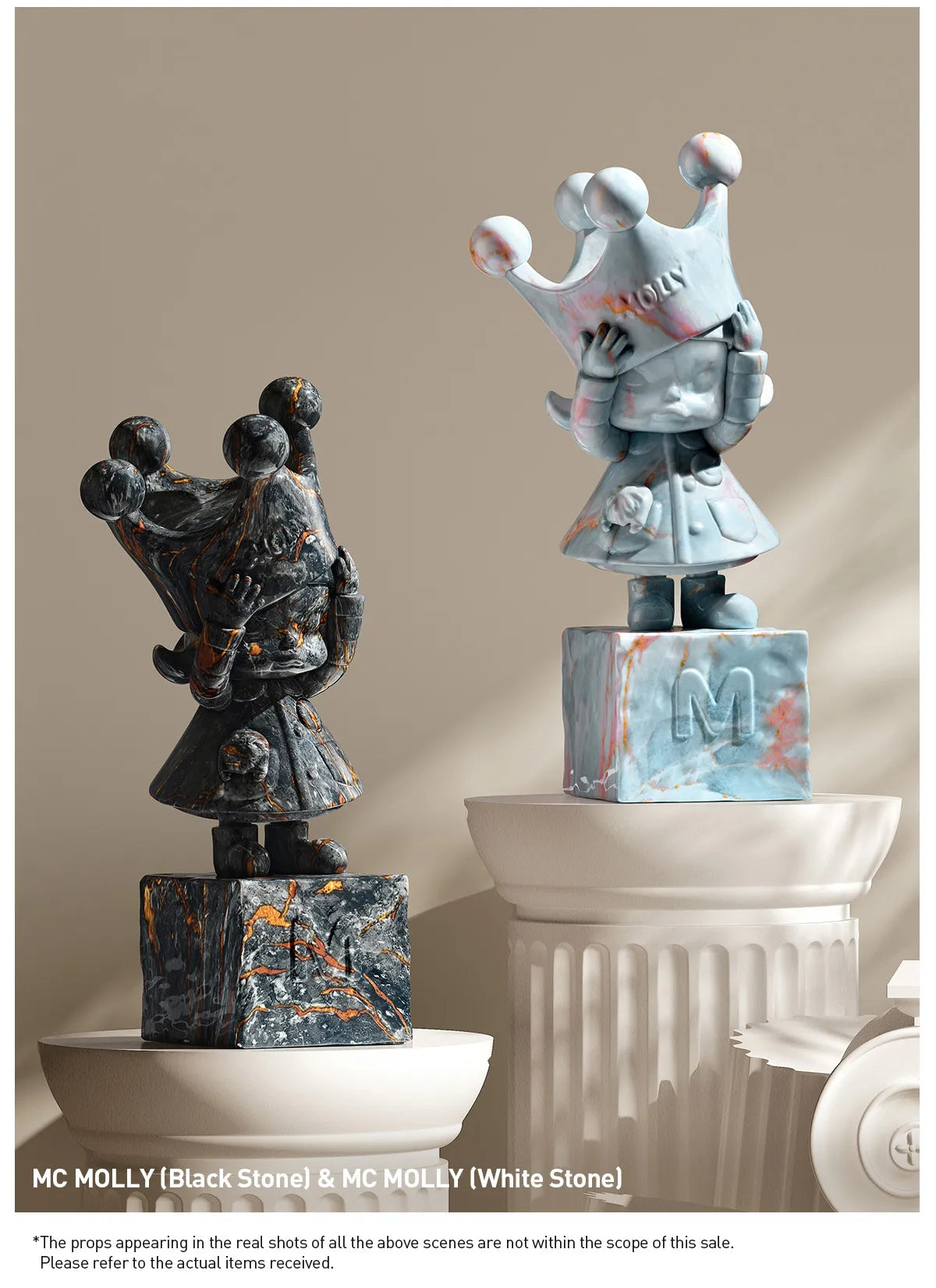 MOLLY Anniversary Statues Classical Retro 2 Blind Box Series, featuring detailed statues of people, children, and crowns on pedestals.