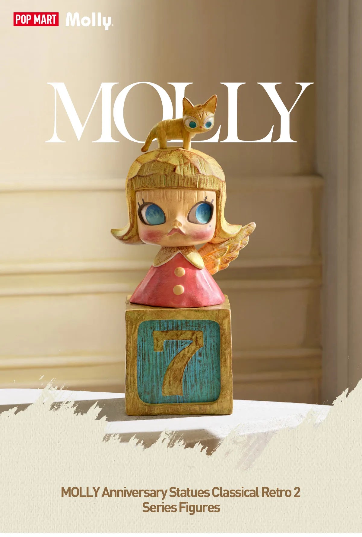 Wooden figurine of a girl with a cat on her head from the MOLLY Anniversary Statues Classical Retro 2 Blind Box Series.