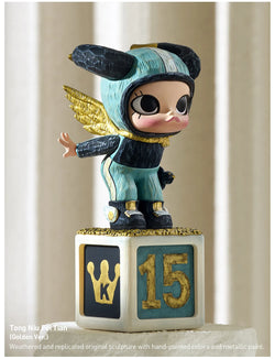 MOLLY Anniversary Statues Classical Retro 2 Blind Box Series featuring a cartoon character statue on a cube with gold and blue numbers.