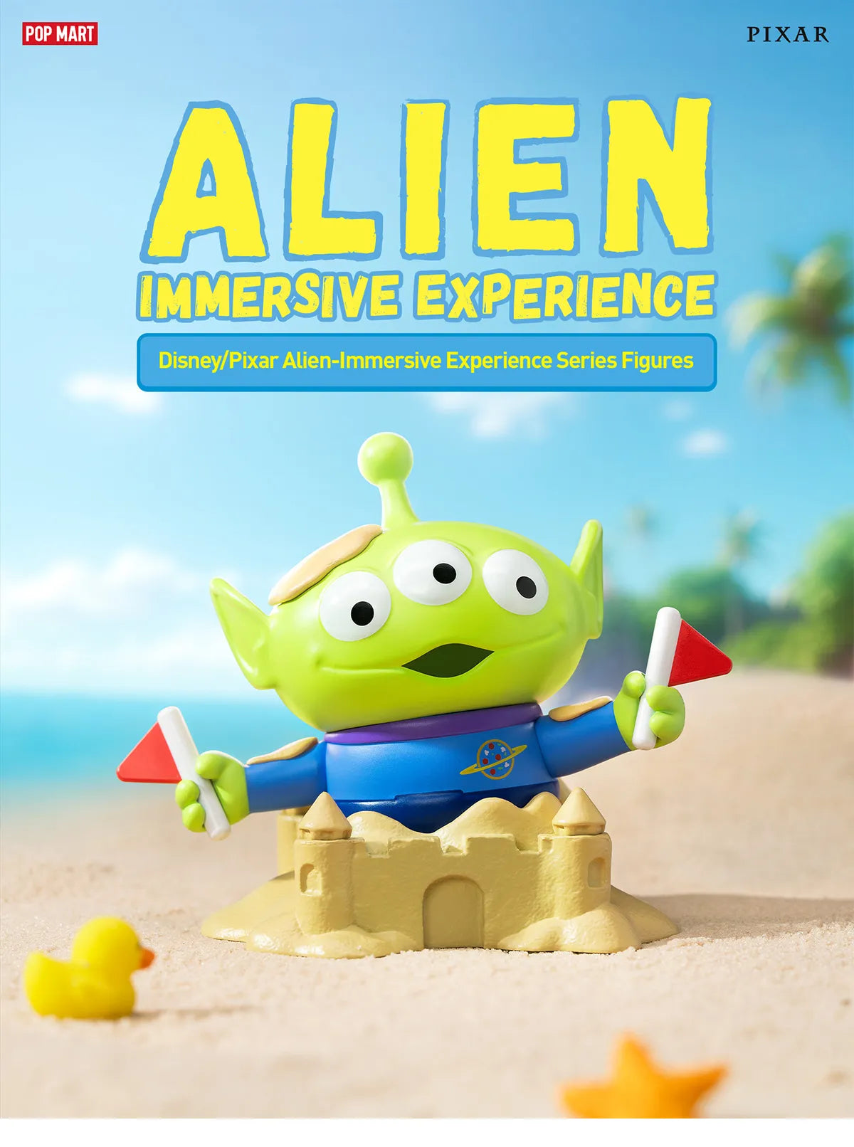 Disney/Pixar Alien-Immersive Experience Blind Box Series toy on a sandy beach, holding a flag, part of a collection with 9 designs and 1 secret.