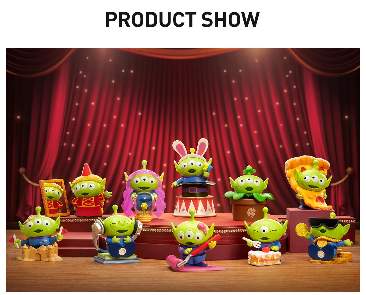 Disney/Pixar Alien-Immersive Experience Blind Box Series showcasing toy alien figurines, each with unique designs and accessories, displayed together on a stage.