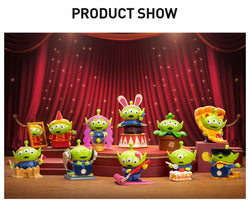 Disney/Pixar Alien-Immersive Experience Blind Box Series showcasing toy alien figurines, each with unique designs and accessories, displayed together on a stage.