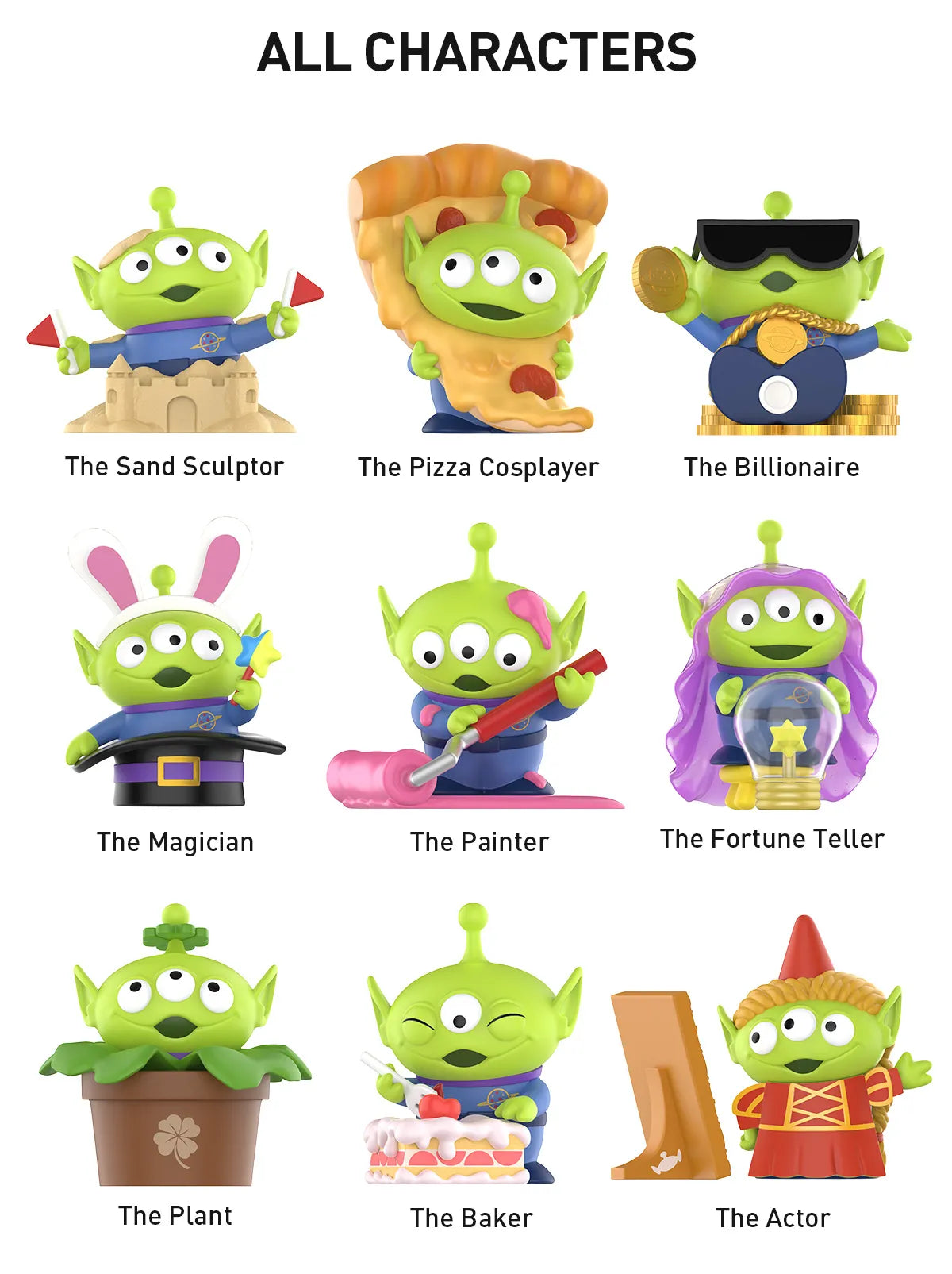 Disney/Pixar Alien-Immersive Experience Blind Box Series showcasing various cartoon aliens holding items like pizza, cake, and a roller, with a secret design possibility.