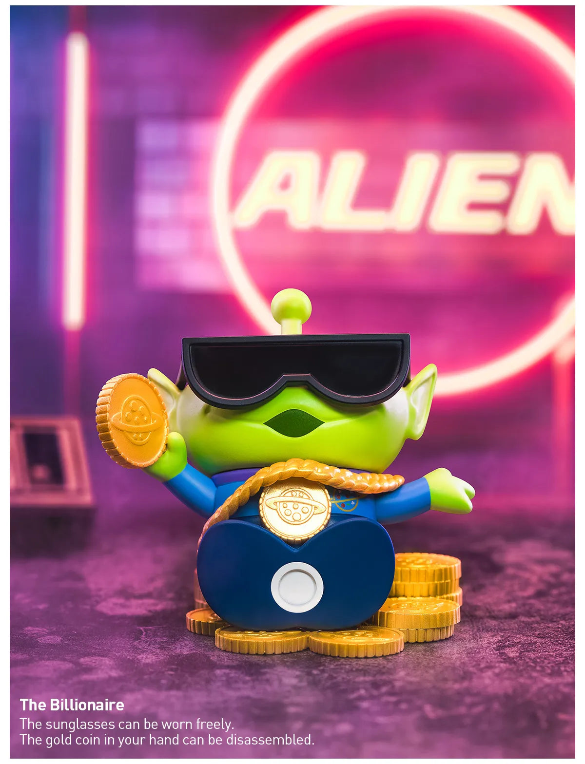 Toy alien figurine wearing sunglasses, part of the Disney/Pixar Alien-Immersive Experience Blind Box Series, featuring gold coins and secret designs.