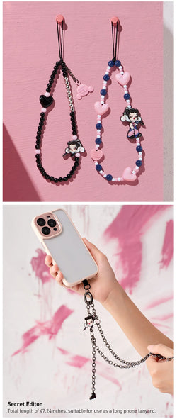 SKULLPANDA CHEERS TO MYSELF SERIES-Phone Charm Blind Box: Preorder. Hand holding a phone charm necklace with cartoon character pendants, showcasing a stylish fashion accessory.