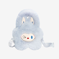 THE MONSTERS Classic Series-Plush Flower Bag Blue features a cartoon-faced blue bunny backpack, with soft plush material, ideal for lightweight carrying. Preorder now.