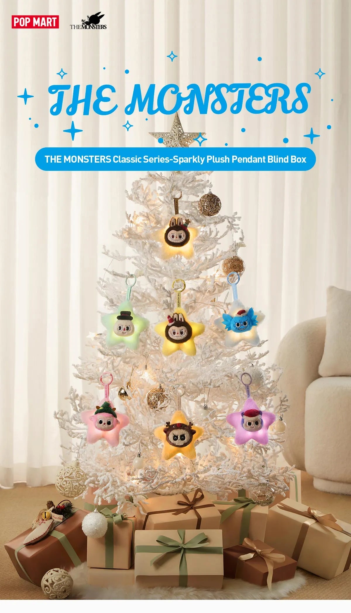 THE MONSTERS Classic Series-Sparkly Plush Pendant Blind Box features a Christmas-themed display with plush toys and ornaments, highlighting unique collectible designs.