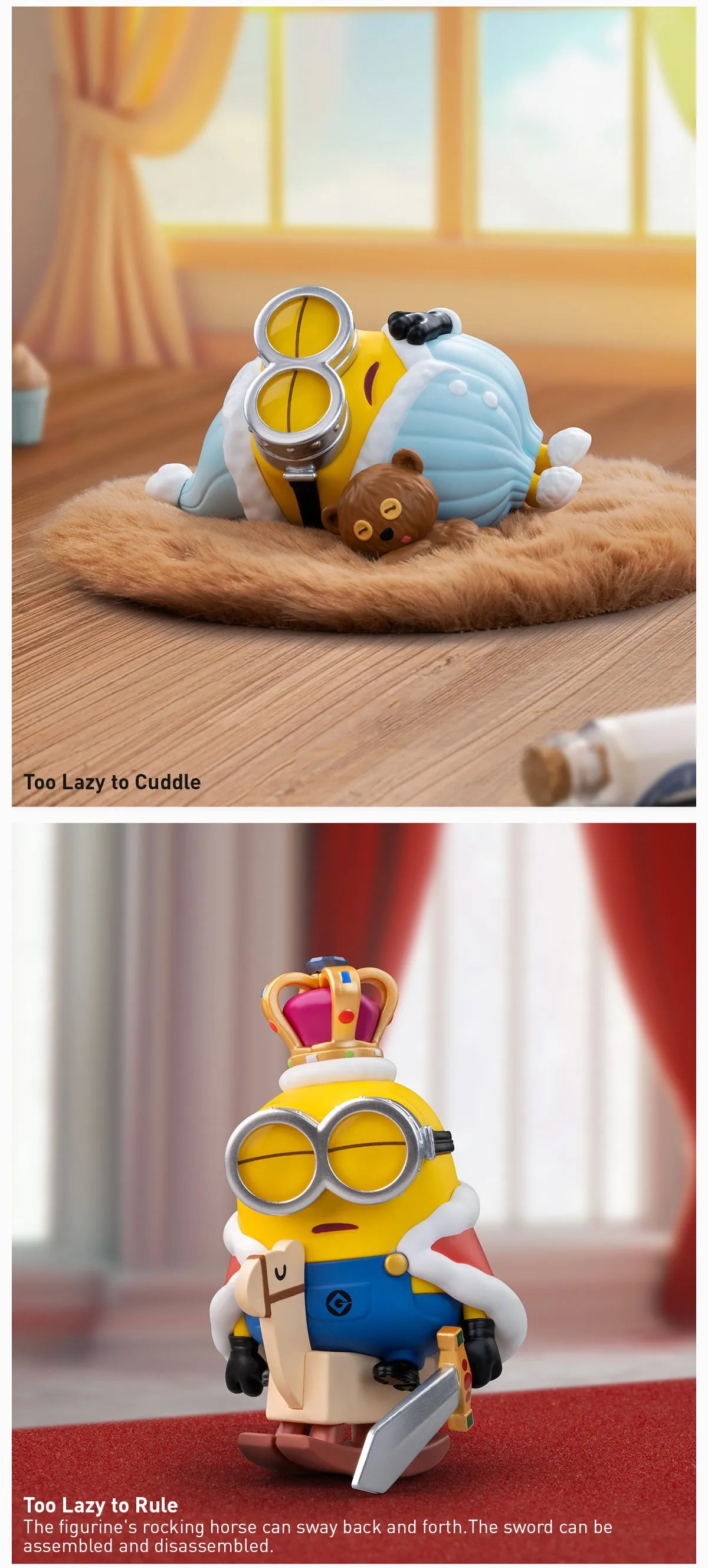 Minions Lazy Every Day Series Figure, preorder collectible toy featuring a crown and glasses, displayed on a fur surface.