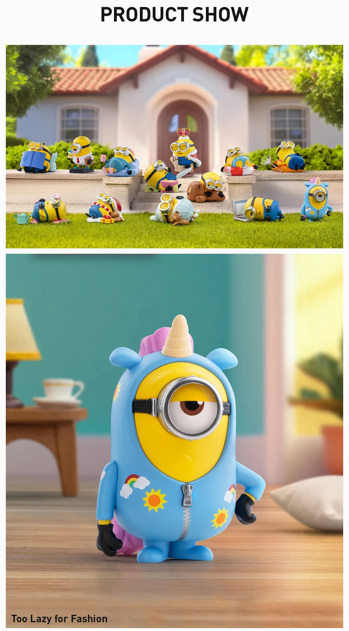 Minions Lazy Every Day Series Figures - Preorder, showcasing toy characters wearing unique accessories like a unicorn hat, crown, and holding items like a cup and book.