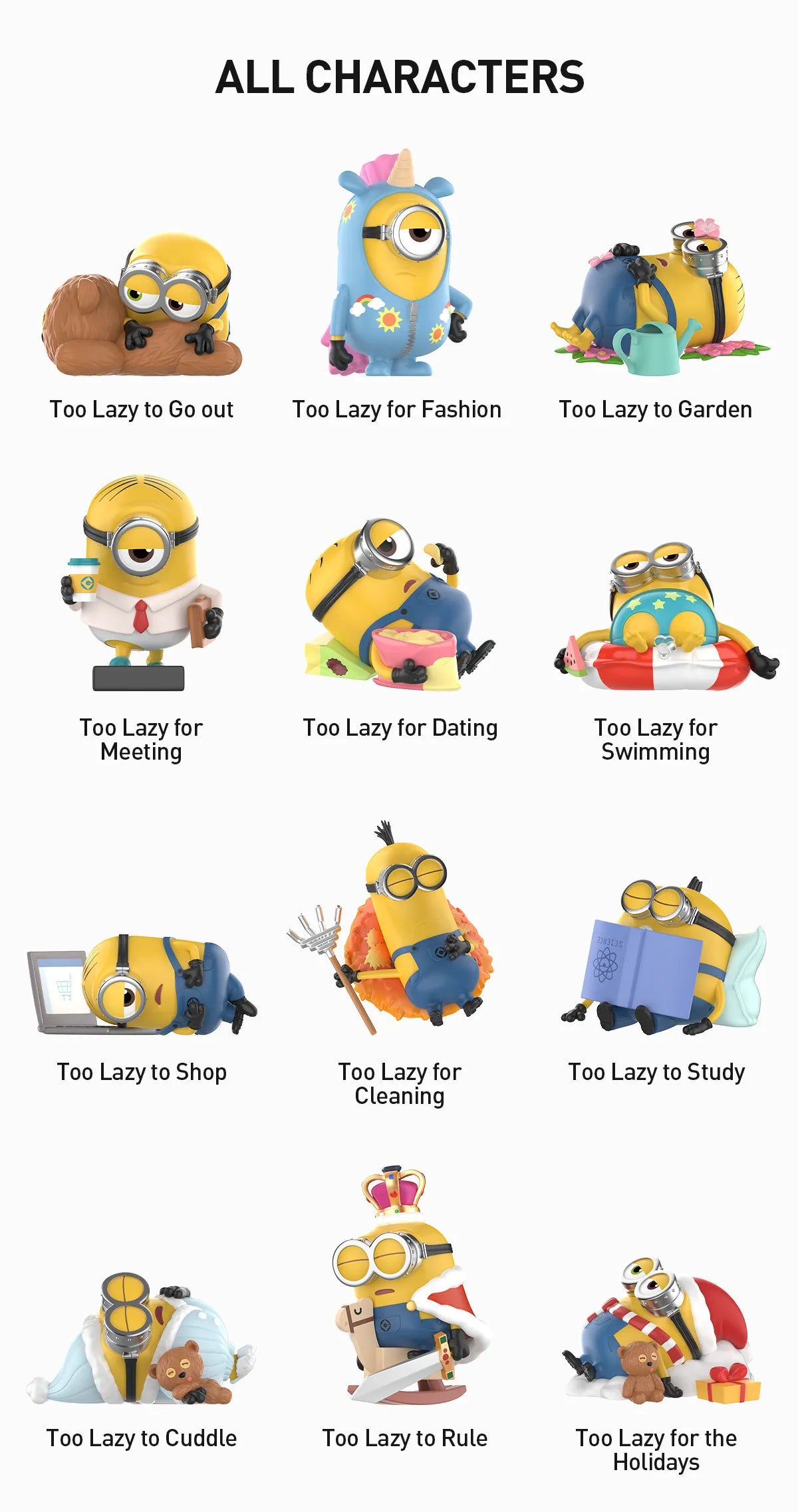 Minions Lazy Every Day Series Figures - Preorder, featuring diverse yellow cartoon characters in various poses and activities. Part of a 12-design collectible set.