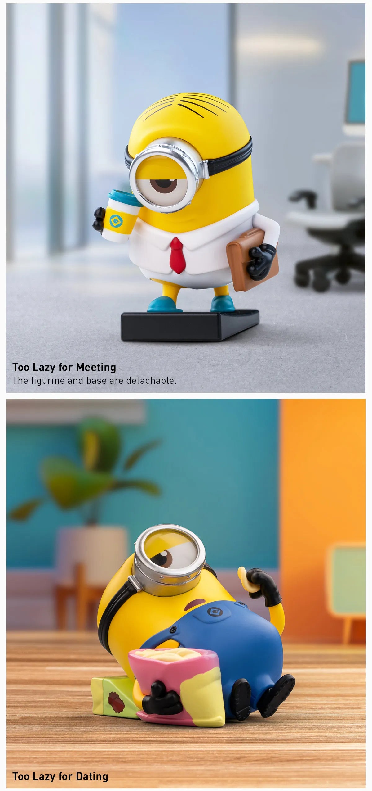 Minions Lazy Every Day Series Figure pre-order, a yellow cartoon character figurine holding a briefcase and chips. Part of a 12-design collection.