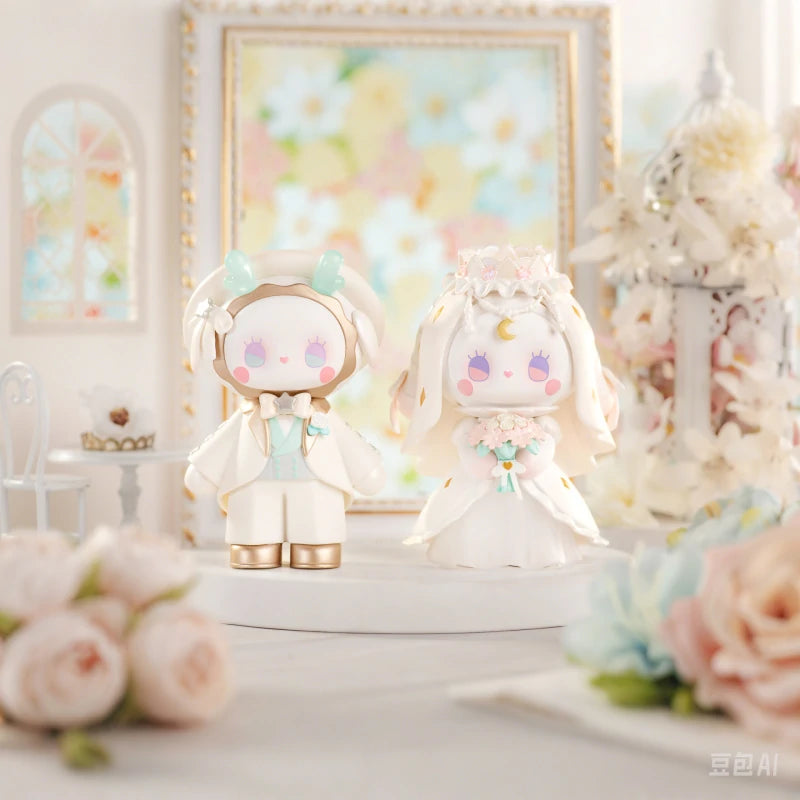 Emma Secret Forest Beloved Blind Box Series figurines displayed on a table, featuring a bride figurine holding a bouquet, part of a collectible toy set.