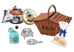 My Secret Tea Time Re-ment Blind Box Series featuring a wicker picnic basket, blue container, and teddy bear, showcasing collectible designs.