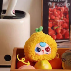 Baby Three Fruit Orchard Plush Series Blind Box featuring a yellow stuffed animal in a box, part of an 8-design collection.