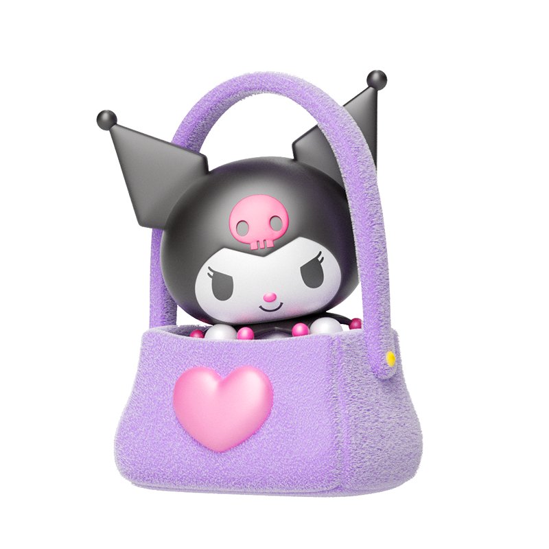 Sanrio characters Eye-catching Blind Bag Bean Series featuring a cartoon character toy in a purple purse, part of a 12-design collection.