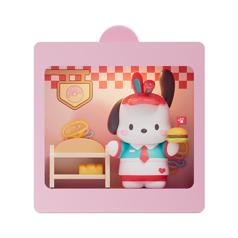 Sanrio characters 24-Hour Restaurant Series Mini Blind Box Max features a cartoon character holding a burger, presented in a collectible toy box.