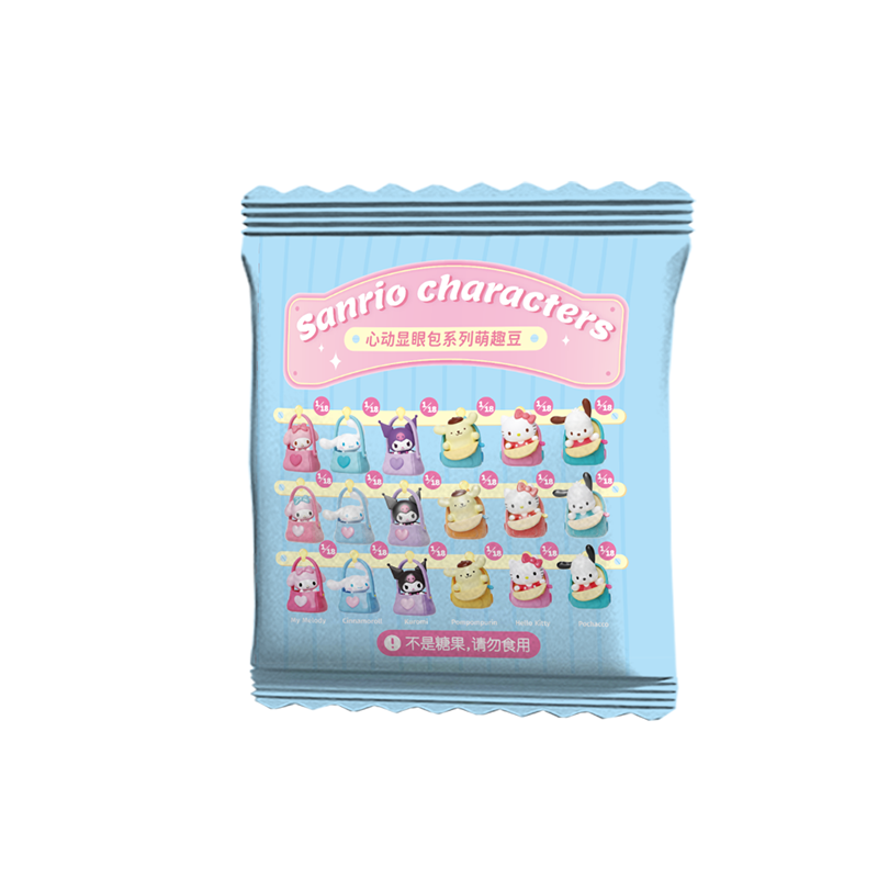 Sanrio characters Eye-catching Blind Bag Bean Series featuring cartoon characters in a blue package, offering 12 unique designs and 6 duplicates per case.