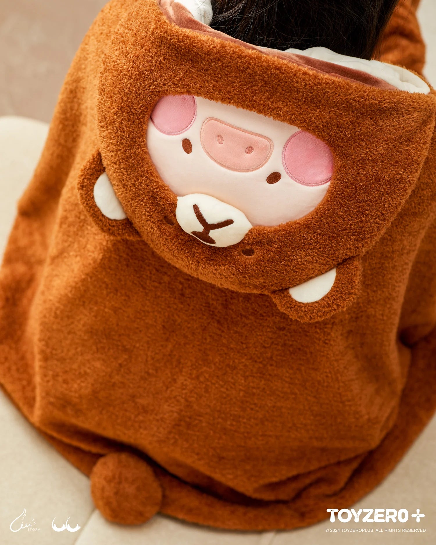 A stuffed animal blanket with a pig face, part of the LuLu the Piggy Costume Series by Strangecat Toys. Features a cozy design with a hat, perfect for comfort and style.