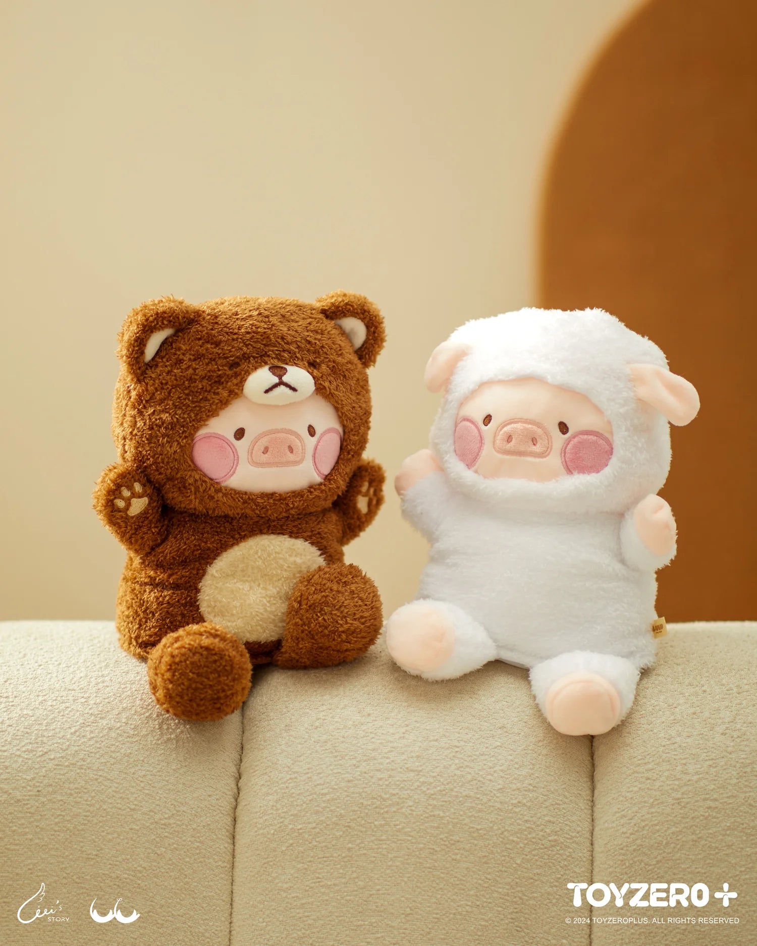 Two stuffed animals, LuLu the Bear and LuLu the Sheep, in piggy costumes with fluffy textures, featuring magnet hands for secure storage. From Strangecat Toys.