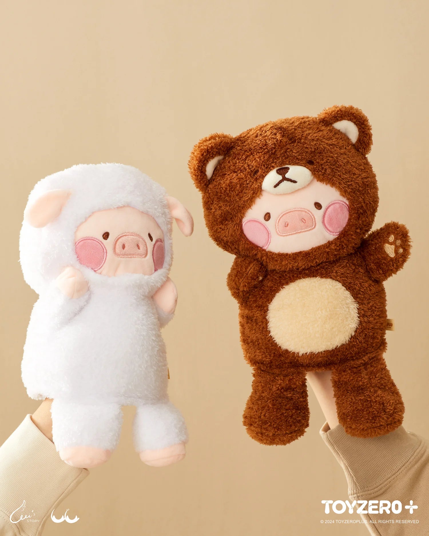 A hand holding LuLu the Piggy Costume Series - Fluffy Hand Puppets, featuring Bear LuLu and Sheep LuLu with magnet hands for secure storage. From Strangecat Toys.