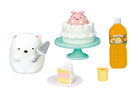 Sumikkogurashi Home Party Re-ment Blind Box Series featuring toys: cake server, bottle, cake with bunny head, white bear with knife, pink stuffed animal. A blind box and art toy store exclusive.