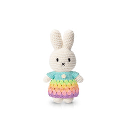 Handmade Miffy Rainbow Dress Crochet Plush toy by Just Dutch. Features embroidered eyes, 100% cotton fabric, and a cute dress. Ideal for ages 6 months and up. CE certified. Machine washable.