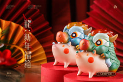 Dragon Hedgehog figurines on pedestals with fan, circle, and toy close-ups. Piggy bank and dragon figurines visible.