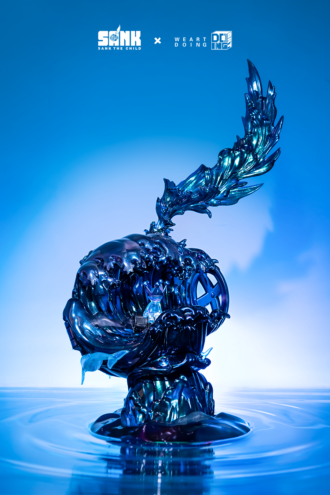 Alt text: Sank-Nuclear Sea-Pollution sculpture featuring a resin wave with a small magnetic boy figure. Limited edition of 199 sets.