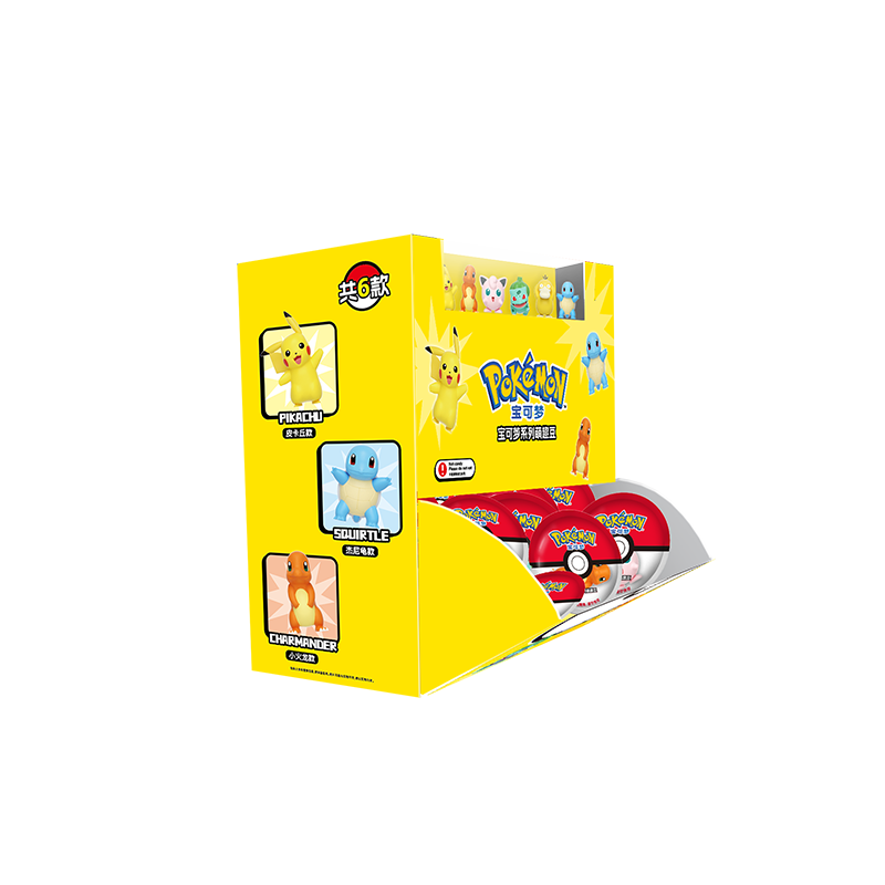 Pokémon Series Moetch Bean-Pikachu figure in a yellow box with toy assortment, featuring red and white discs, from Strangecat Toys.