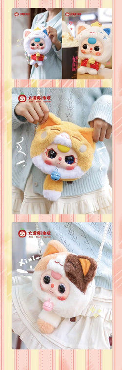 Stuffed animal from Baby Three Fortune Cat Zipper Bag Plush Blind Box, held by a person, showcasing its design as part of a collectible toy series.