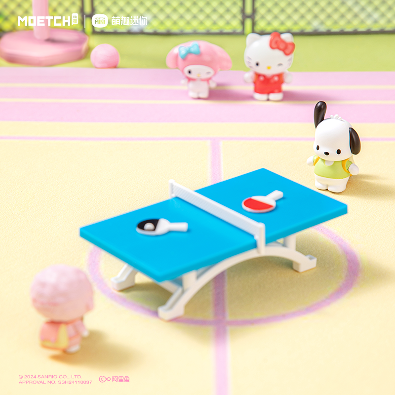 Sanrio characters Adorable Backpack Series Moetch Bean featuring a toy table with ping pong paddles and various toys, part of a collectible blind box series.