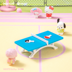 Sanrio characters Adorable Backpack Series Moetch Bean featuring a toy table with ping pong paddles and various toys, part of a collectible blind box series.