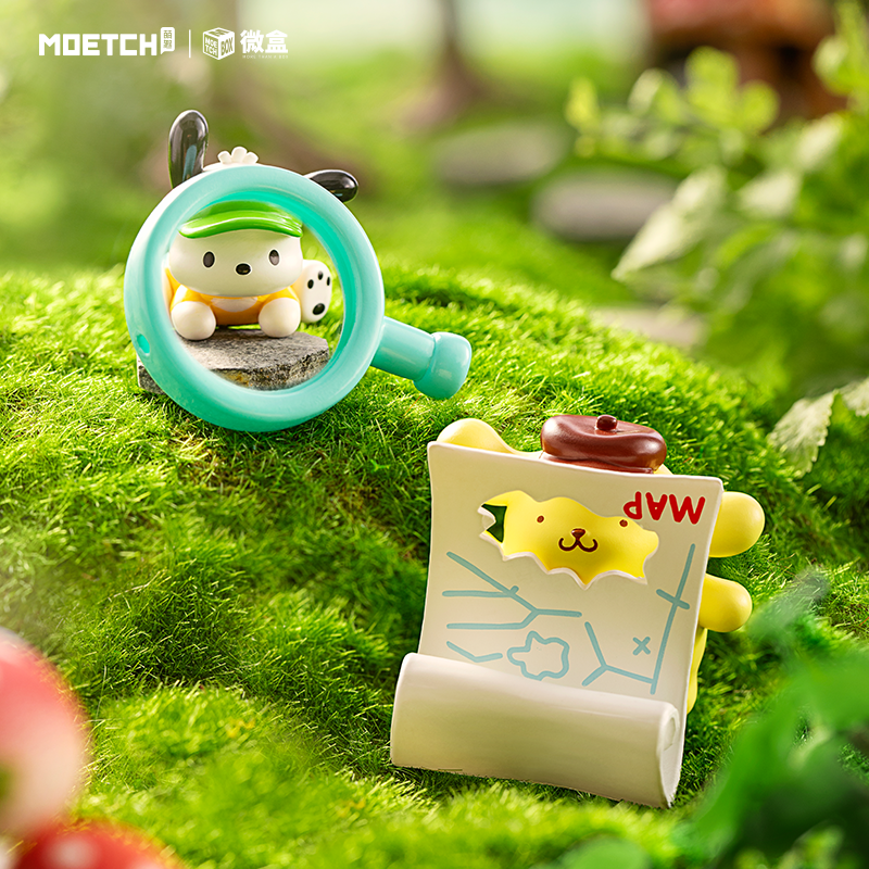 Sanrio characters Little Explorer Series toy figurine, depicted exploring with a magnifying glass on a mossy surface, part of a blind box collection.