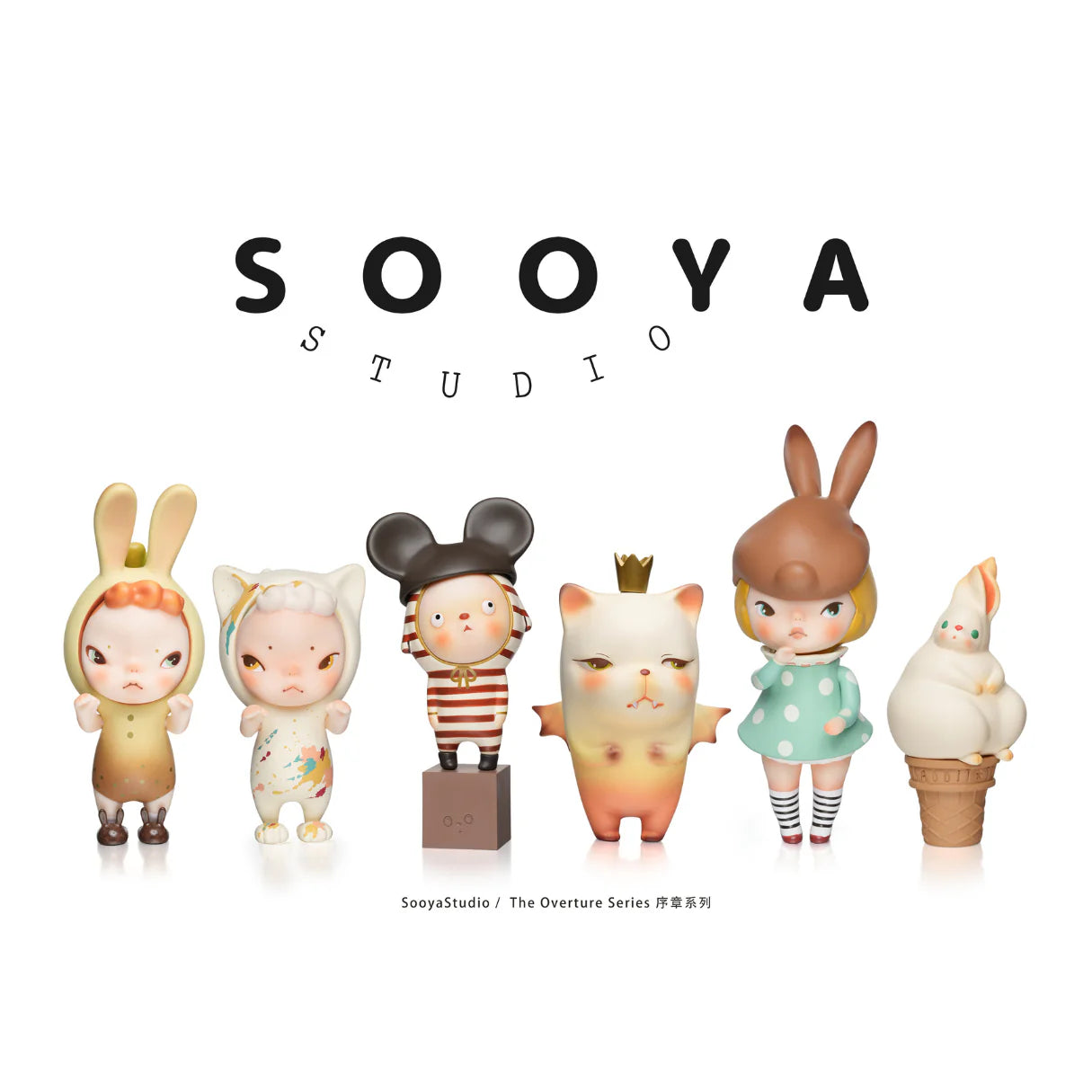 Sooya Studio The Overture Series Blind Box featuring a variety of cartoon figurines, including a girl and a white cat on an ice cream cone.