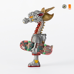 A toy dragon action figure on a skateboard, symbolizing freedom and skill, part of OFFART X Horiren collection at Strangecat Toys.