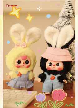 Baby Three Macaron Rabbit Plush Keychain Blind Box, featuring two plush toys, including a bunny-faced stuffed animal, next to a tree.