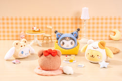 Sanrio characters Cross Dressing Series Plush Relaxing Toy on a table, surrounded by other plush toys, showcasing its playful design.