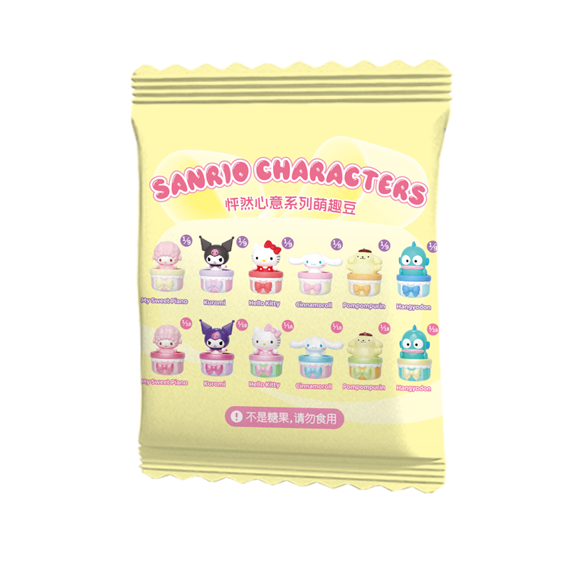 Sanrio characters Pounding Hearts Series Moetch Bean package featuring cartoon characters, part of a blind box toy collection with 12 unique and 6 duplicate designs.