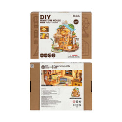 Rolife DIY Miniature House - Puppy's Cozy Villa DG169: A boxed DIY model of a two-story wooden cabin with pet-friendly features and assembly instructions.