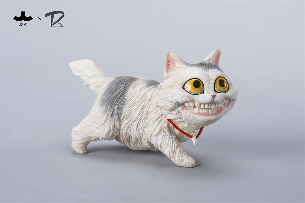 Urban Legends-Grinning Cat Figurine, smiling cat statue with human-like face, includes bone pendant necklace, preorder for May 2025, resin material.